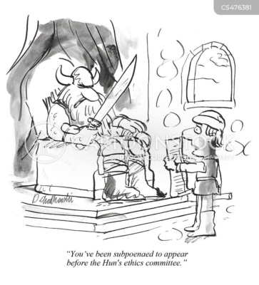 Cartoon. King of Huns sitting on his throne. A court steward is reading an announcement to him. It says, “You've been subpoenaed to appear before the Hun's ethics committee."