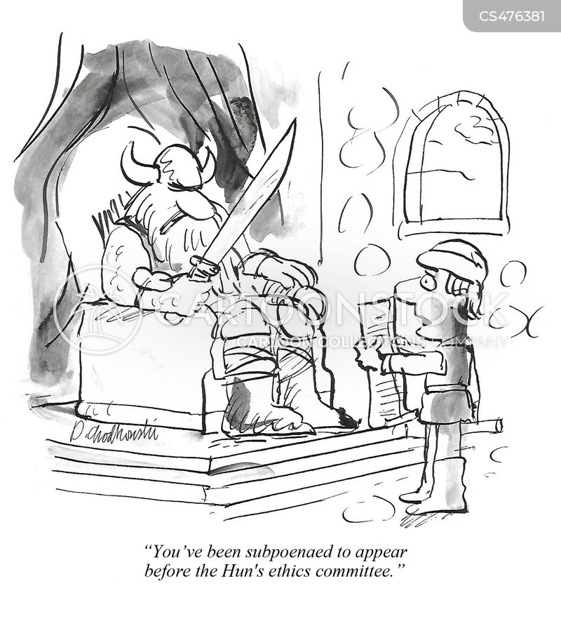 Cartoon. King of Huns sitting on his throne. A court steward is reading an announcement to him. It says, “You've been subpoenaed to appear before the Hun's ethics committee."