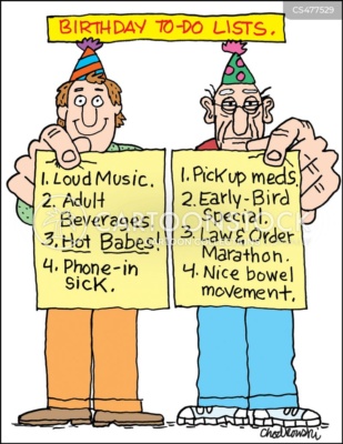 Two men side-by-side wearing birthday hats. They hold to-do lists. The yound one wants loud music, hot babes, and so on. The old man looks forward top the early-bird special and nice bowel movements.