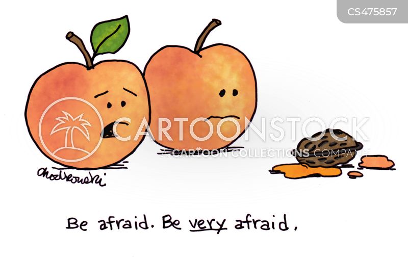 Two concerned peaches are looking at a peach pit. And one says, “Be afraid. Be very afraid.”