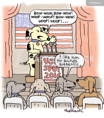 A dog is giving political speech to audience. A dog listening likes the candidate because he sounds authentic.