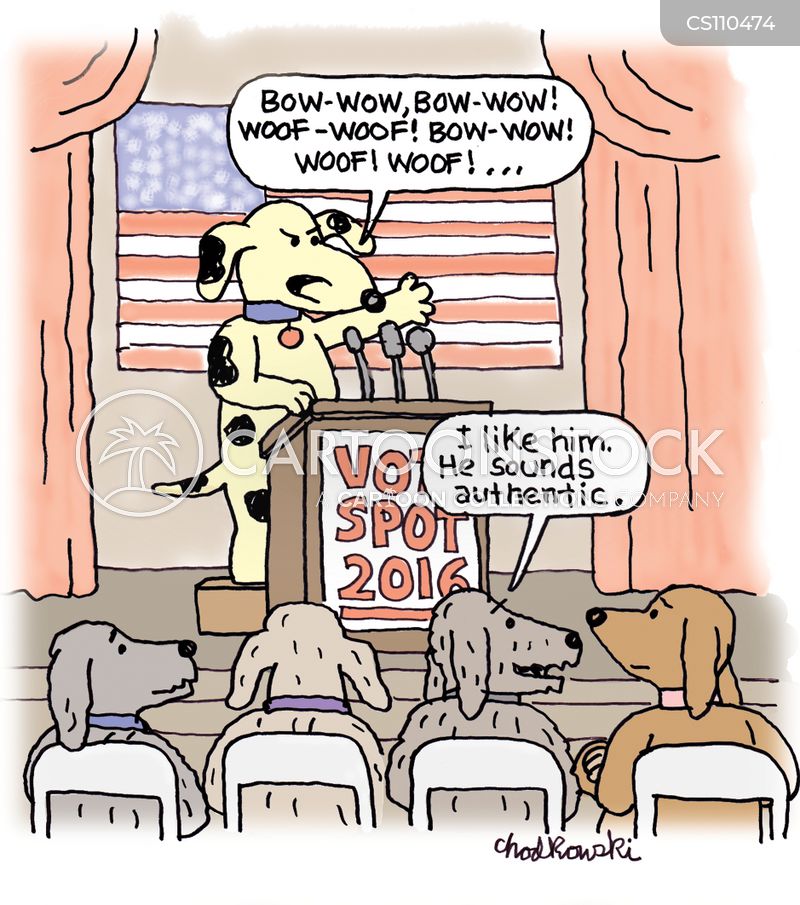 A dog is giving political speech to audience. A dog listening likes the candidate because he sounds authentic.