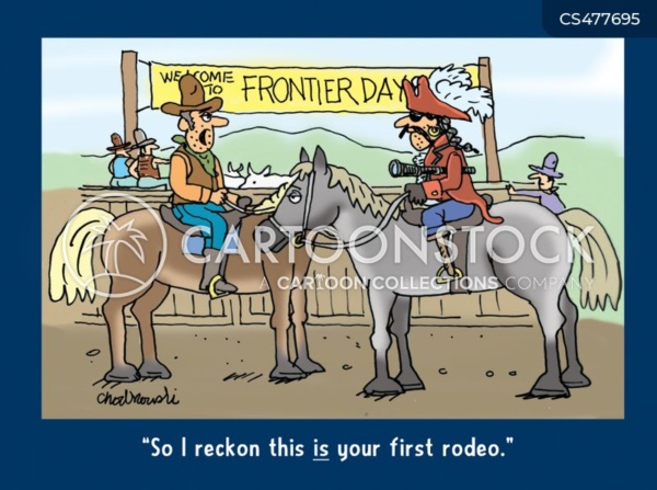 It’s Frontier Day and a cowboy on a horse is facing a pirate on a horse. The cowboy says to the pirate, “So I reckon this is your first rodeo.”