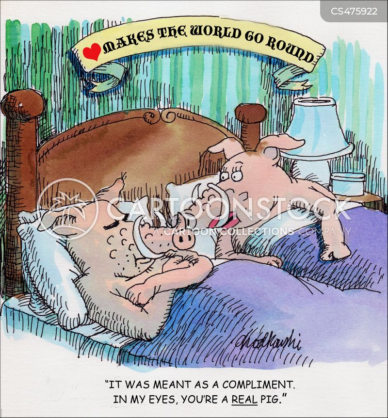 Two warthogs are in bed. He is bummed out. She's saying she meant it as a compliment. They are warthogs after all. In her eyes he's a real pig.