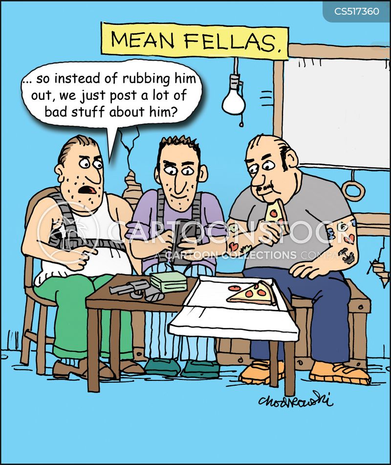 Two Mean Fellows are listening to a third instructing them with a smartphone in hand. No more rubbing people out. From now on they just post some really bad stuff about whoever on the internet.