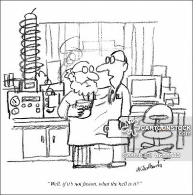Cartoon. Two scientists in a lab. The scientists seemed to be joined and one is asking what it is if it’s not fusion.