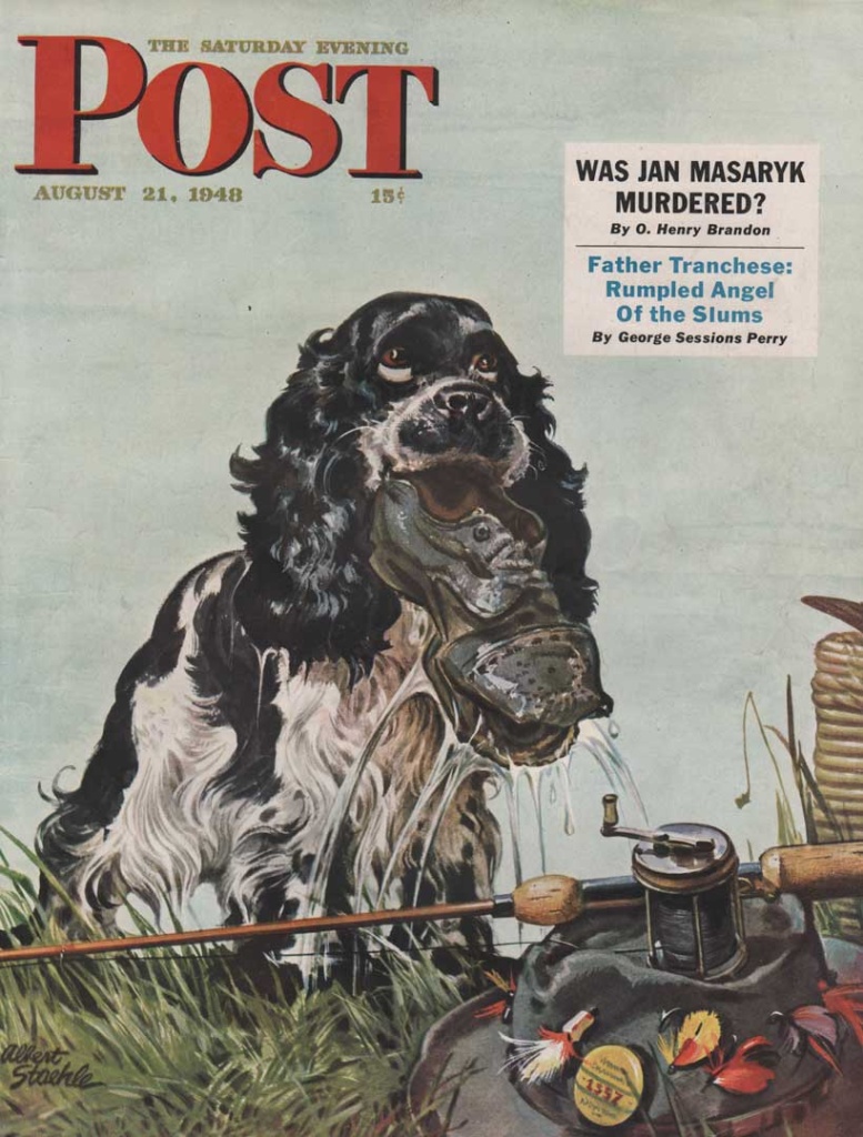 The Saturday Evening Post, August 21, 1948. Cover shows a cocker spaniel with a shoe in its mouth. Illustrated by Albert Staehle.