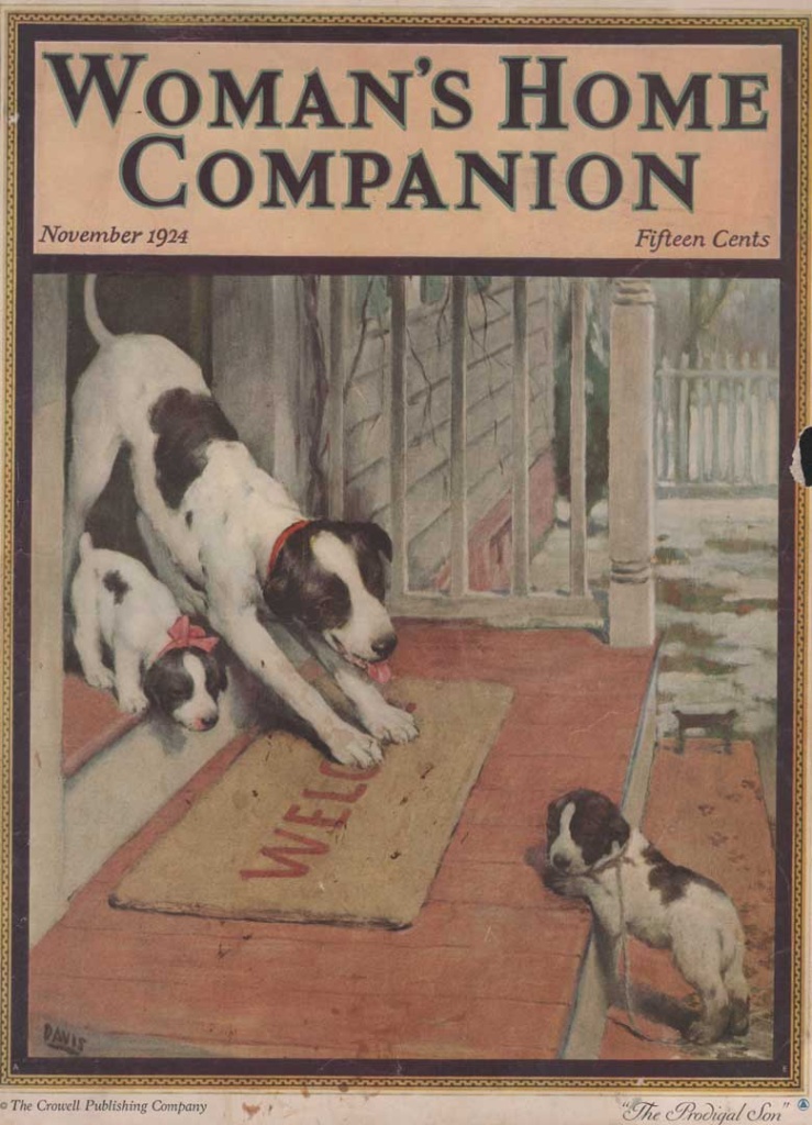 Woman's Home Companion, November 1924. Shows a dog and puppy on the front porch with another dirty puppy on the step. Illustrated by Warren Davis.