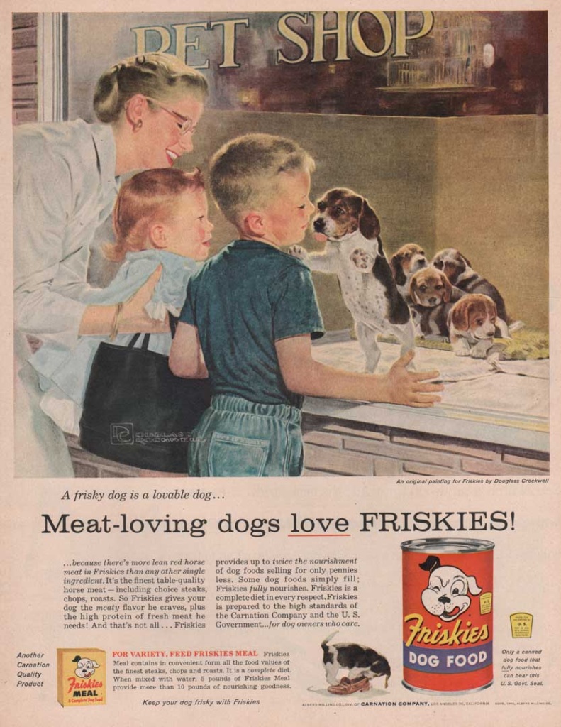 This is a vintage ad for Friskies brand dog food. It shows a woman with two children looking at puppies for sale at a pet shop. Painting by Douglass Crockwell.