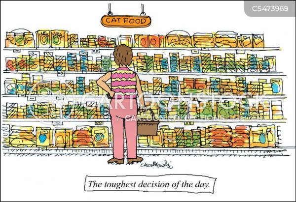 A woman faces a huge aisle of cat food products. She's trying to decide what to buy for her finicky cats.