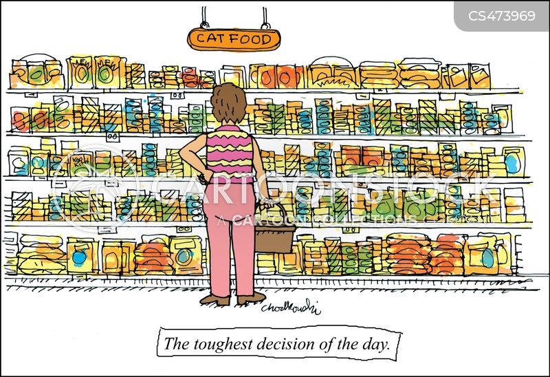A woman faces a huge aisle of cat food products. She's trying to decide what to buy for her finicky cats.