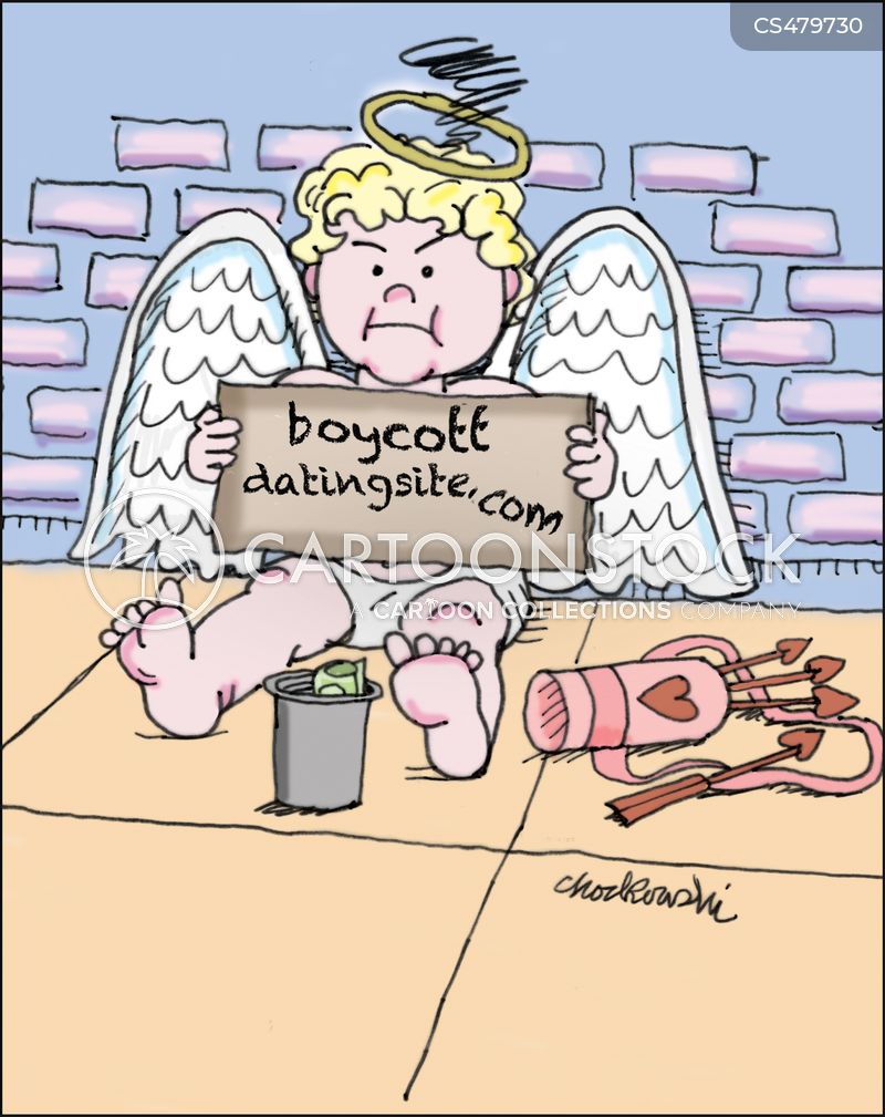 Like street beggar, Cupid is sitting against a building with a cup for contributions. His bow and arrow lay nearby. He holds a sign asking people to boycott dating sites.