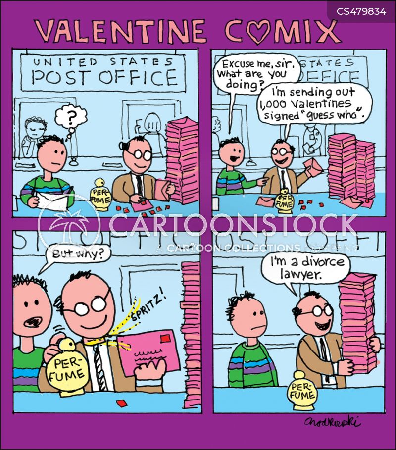 A man is at the Post Office sending out 1,000 perfumed Valentine Day cards signed "Guess Who." He explains it's good for business. He's a divorce lawyer.