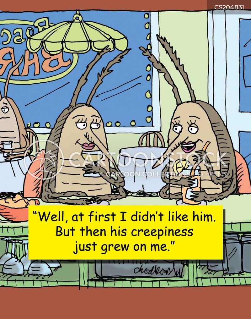 two female dung beetles sitting at a lunch counter. One is telling the other about her current romance. At first, she admits, she didn’t like him but then his creepiness grew on her.