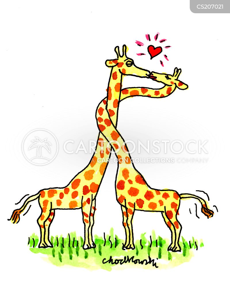 Cartoon. Two giraffes. One has wrapped its neck once around the other and they are kissing. A glowing heart above them signifying they are in love.