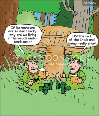 Two leprechauns drink a print and wonder what kind of luck they have if they live under a toadstool?
