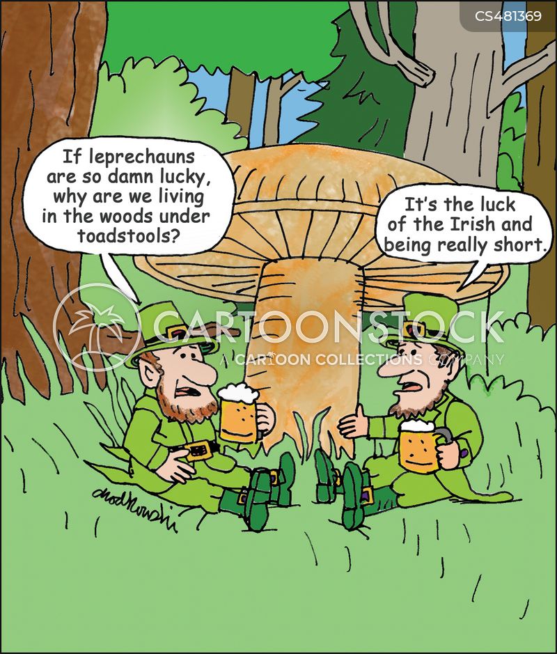 Two leprechauns drink a print and wonder what kind of luck they have if they live under a toadstool?