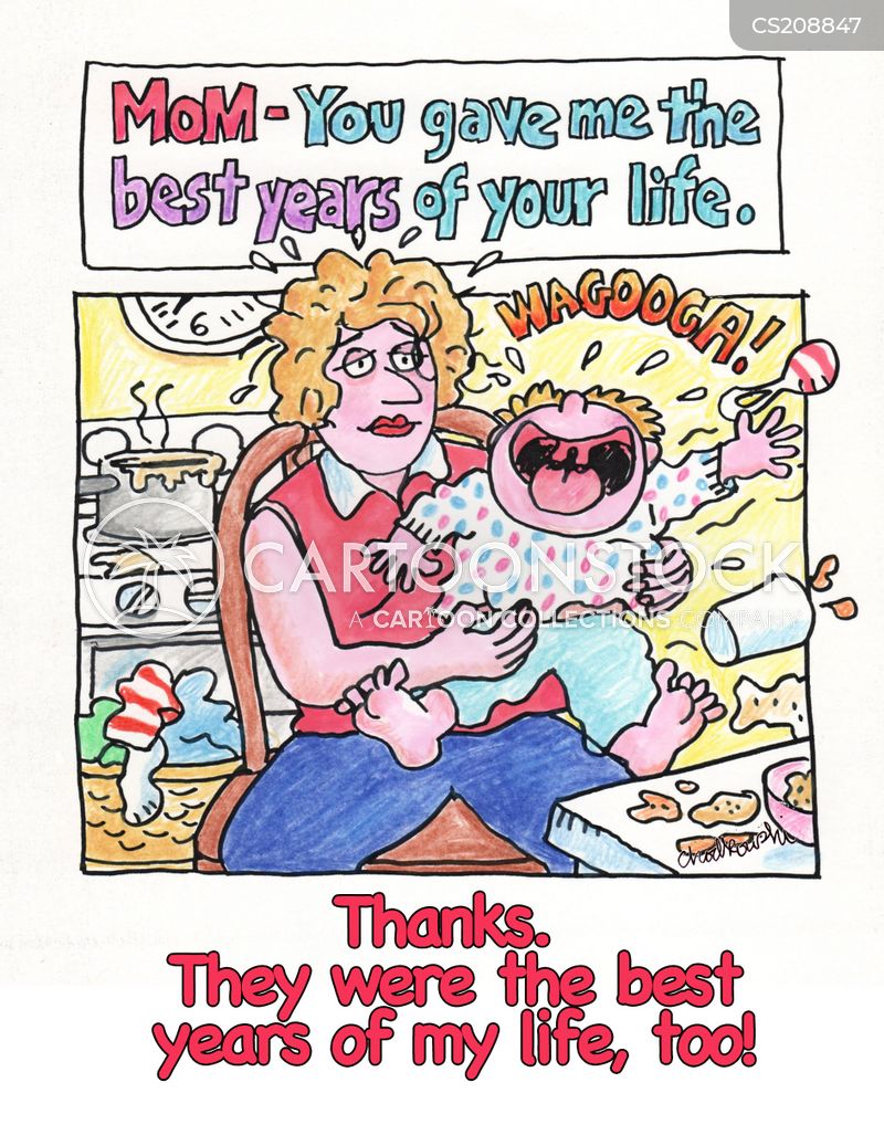a frazzled mother sits at kitchen table holding a screaming baby who has thrown food around. The kitchen looks askew And the sender says that these were the best days of their life.
