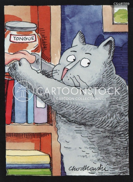 Cartoon of cat reaching for a jar that holds a tongue.