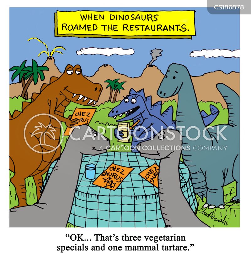 A dinosaur waiter is taking order from four other dinosaurs who are eating at Chez Saurus al fresco. The order is for three vegetarian specials and one mammal tartar.