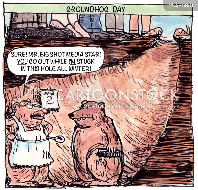 Cartoon. Groundhog day is coming. A wife and husband groundhog couple are standing in their tunnel. She wears an apron and has a spoon in hand. Her husband is holding a comb in hand. She is saying, “Sure, Mr. Big-Shot Media Star! You go out while I’m stuck here in this hole all winter.”