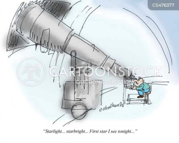 Cartoon of a man alone in a planetarium gazing through a huge telescope. He’s saying, “Starlight...Starbright.... First star I see tonight...”