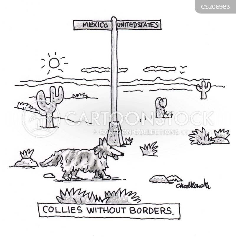 Black & white cartoon of collie walking across the desolate landscape to crossing the border from Mexico to the United States.