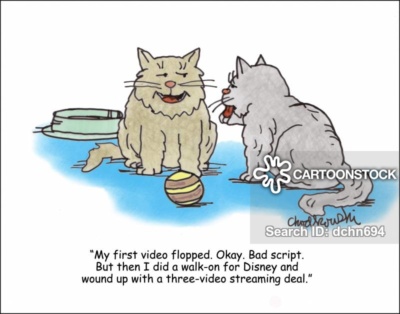 Cartoon of a cat bragging to another cat about how his first video flopped. Bad script. But he got a walk-on on a Disney film and that lead to a 3-video deal.