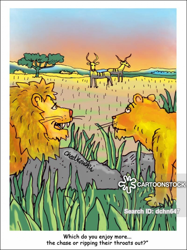 A pair of lions are standing in brush. They’re looking at several antelopes feeding on grass in the distance. The male lion asks the lioness which she likes more, the chase of the kill.