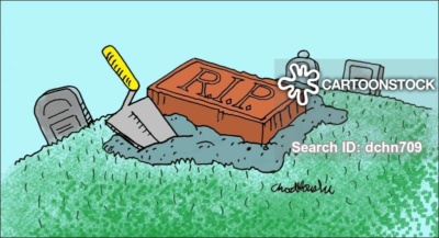 Cartoon of a brick with R.I.P. written on its face. It's sitting in a clump of cement on a grave site at the top of a cemetery hill. A trowel is stuck in the cement, ready to finish the interment of the brick. It’s a vignette symbolizing the decline and death of brick and mortar stores.
