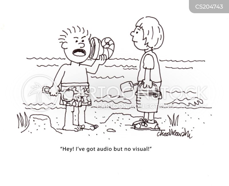 Cartoon of two little kids at the beach. They are equipped with shovels and buckets to search and save. The boy is holding a conch shell to his ear. He complains to the shell, "Hey! I've got audio but not video!"