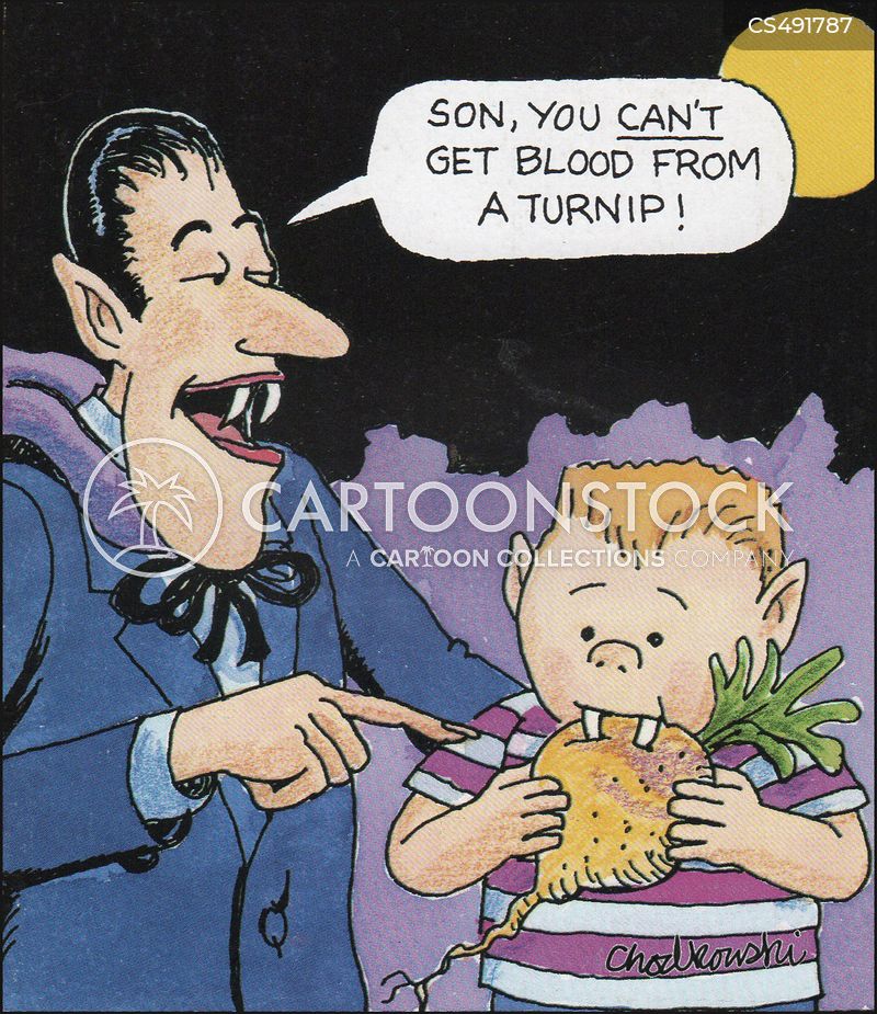 A father vampire finds his son chomping on a turnip and he tells the young vampire that you can’t get blood from a turnip.