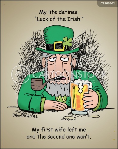 Irish man dressed in green at bar with pipe and beer says, "My life defines 'Luck of the Irish'...My first wife left me and the second one won't."