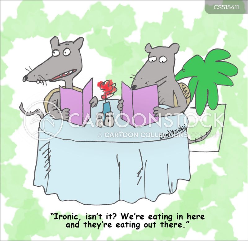 Two rats are seated at table in fine-dining restaurant. They are looking at menus. One remarks, "Ironic, isn't it? We're eating in here are they're eating out there."