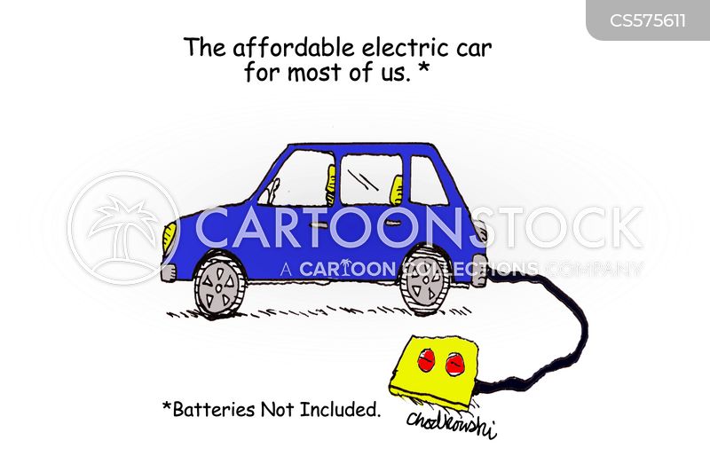 Cartoon of the one electric car we can all afford - it's an old-fashion battery-operated toy car.