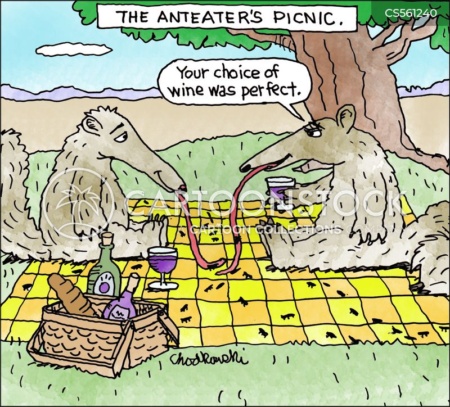 Two anteaters are having a picnic. They stick their tongues out and the ants comes to them. She compliments him on his choice of wine.