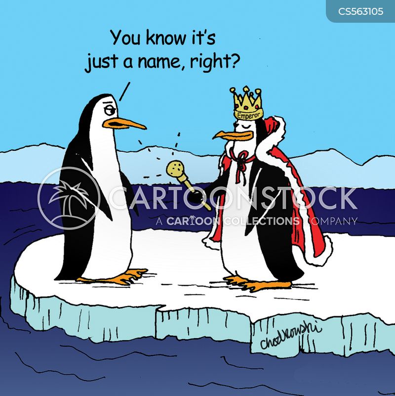 A penguin is looking at another who is wearing an “Empire” crown and royal robe and says, "You know it's just a name, right?"