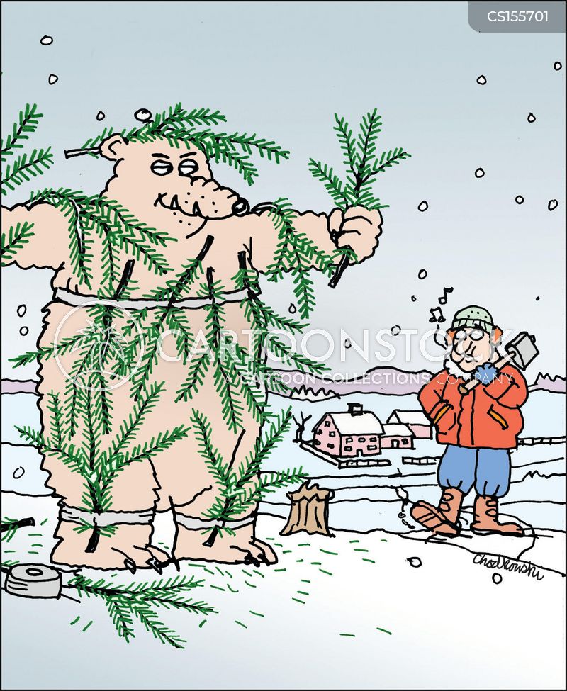 A bear is badly disguised as a Christmas tree in the woods. And he's all excited as a man with an axe is approaching.