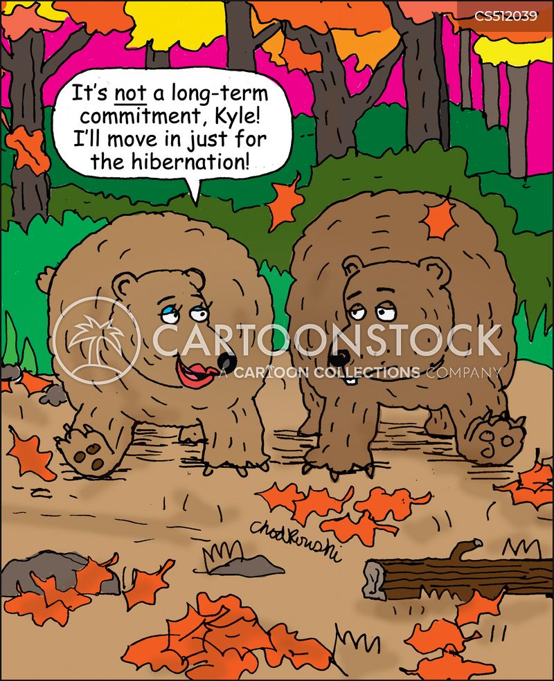 Cartoon. It’s autumn. A bear couple is walking in the woods. She’s saying, "It's not long-term commitment, Kyle! I'll move in just for the hibernation."