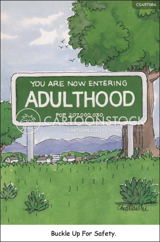 Cartoon of a welcome sign like those you see roadside when entering a new state but this one says, "You are now entering adulthood. Population is 207,000,030. Below the sign a caption reads: Buckle Up For Safety.