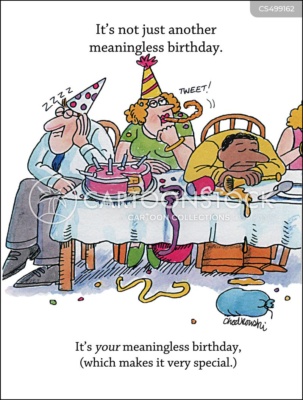 Cartoon of several people at a birthday oparty that has wound down. The party table is a mess and so are the participants. The cake’s half eaten, the party goers are sleeping hung-over. The top caption reads: "It's not just another meaningless birthday." The bottom caption reads: It's your meaningless birthday - which makes it very special.”