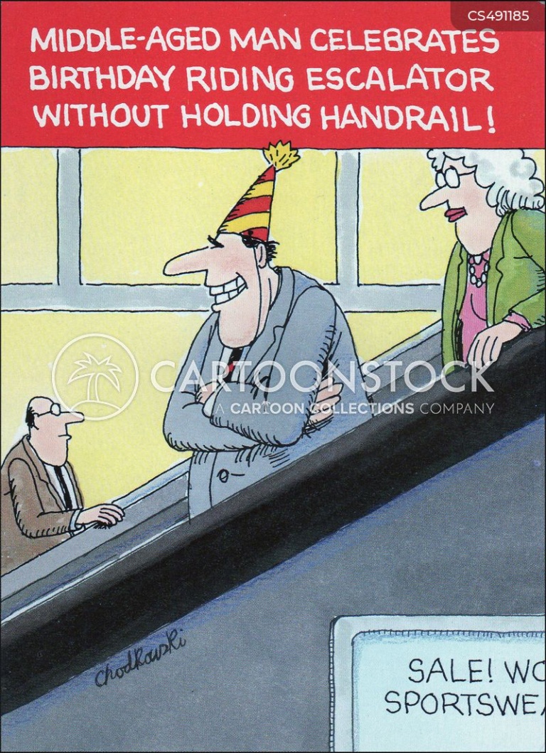 A middle-aged man is celebrating his birthday by wearing a birthday hat and riding up and down an escalator. Who says older men don’t know how to party?
