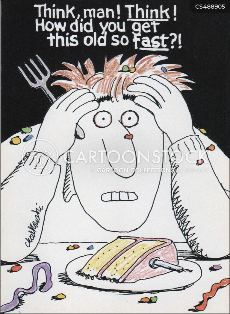 Cartoon of man sitting in front of a slice of birthday cake. Elbows on the table, his fingers run through his hair. He’s in a panic wondering how he got so old so fast.