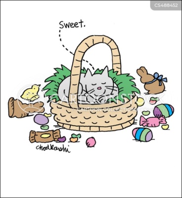 Cartoon of a cat who has pushed the candy out of an Easter basket and is enjoying Easter by snuggling in the fake grass inside the basket and having a snooze.