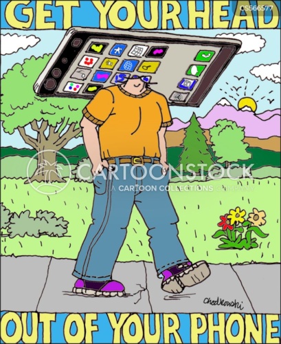 Today's youth exemplified by this cartoon of young man with his head stuck inside a giant smartphone so he doesn't see anything else.