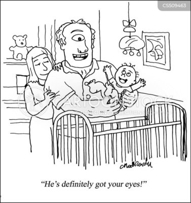 Cartoon of a mother and father at their newborn’s crib. The father is holding the baby and musing, “He’s definitely got your eyes.” The mother is normal but father is a one-eyed cyclops.