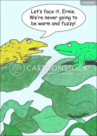 Cartoons. Two little reptiles are on plant leaves. One says to the other, "Let's face it, Ernie. We're never going to be warm and fuzzy!"