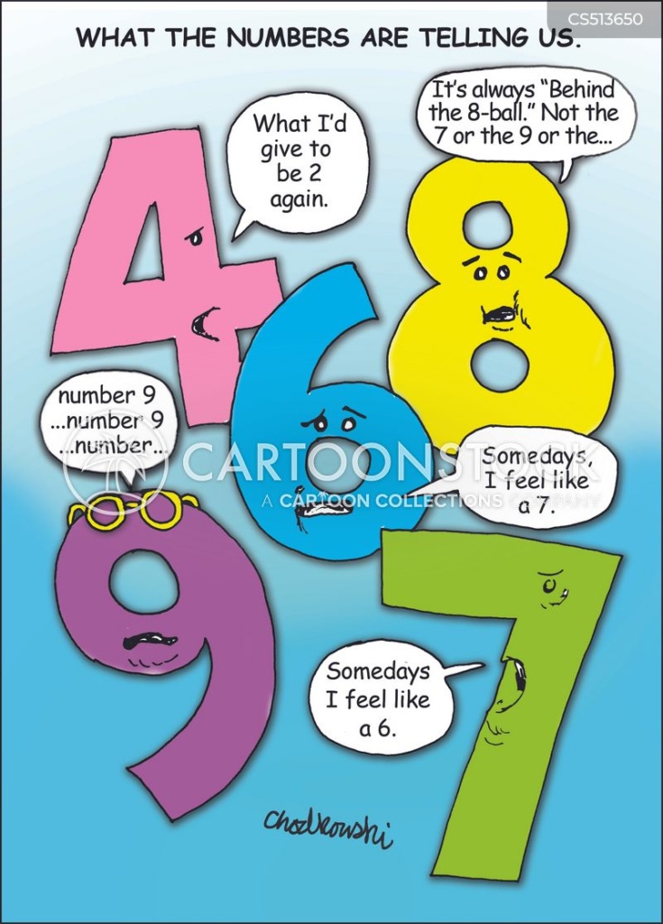 Cartoon. Colorful drawn numbers are talking. #4 wishes he was 2 again, #6 feels like a #7 and sometimes vice-versa and so on.