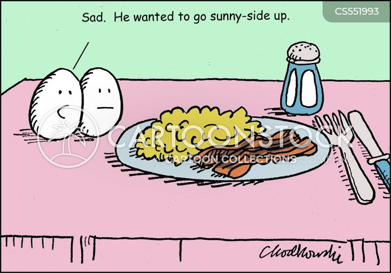 Cartoon. Two eggs are sitting on a table looking at a plate of scrambled eggs and bacon. One egg remarks, "Sad. He wanted to go sunny-side up."