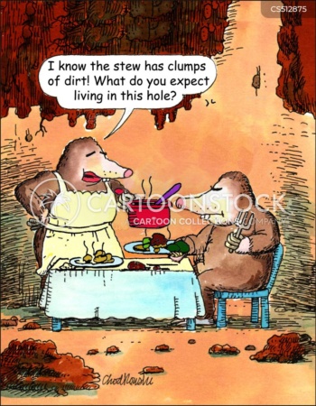 A wife mole is at the dining table, plating her husband’s dish with stew from the pot. She says, “I know the stew has clumps of dirt!" What do you expect living in this hole?"
